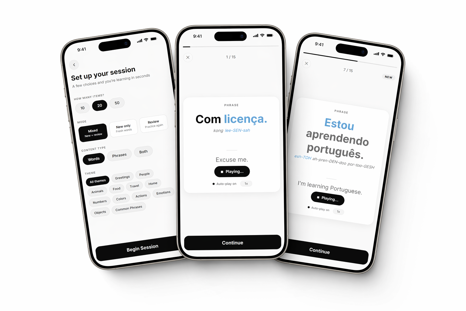 VocaBase shown on three iPhones: session setup, a Portuguese flashcard, and a learning phrase