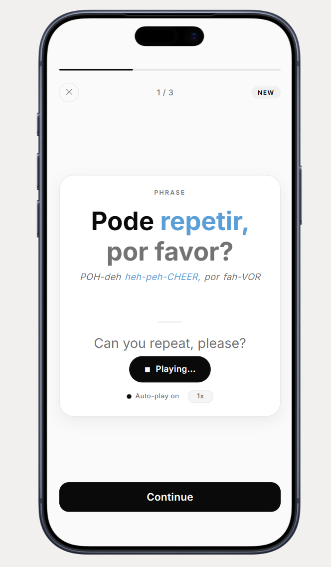 Practice session showing a Brazilian Portuguese phrase